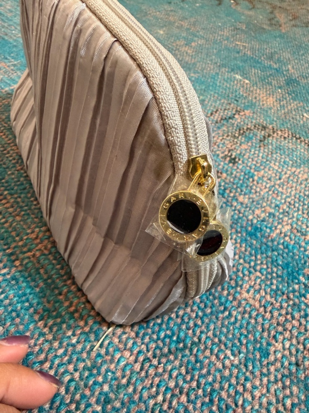 Bulgari Pleated Cosmetic Pouch in Light Gray with Gold Accents
